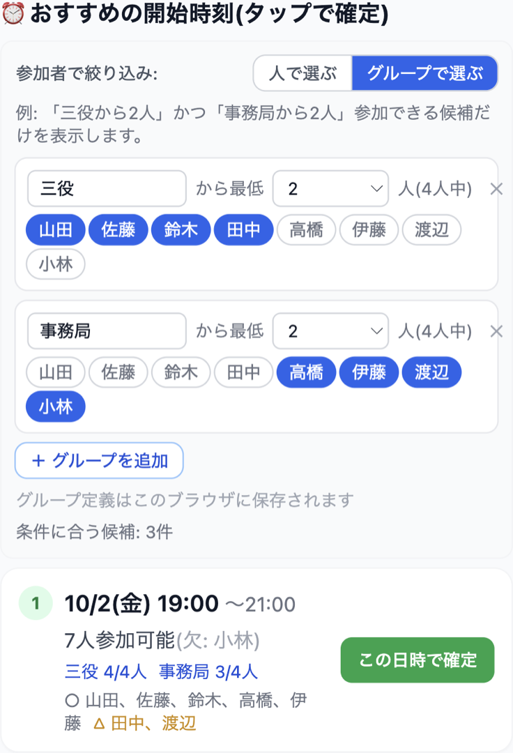 グループで絞り込み。三役から最低2人・事務局から最低2人の条件を設定した画面
